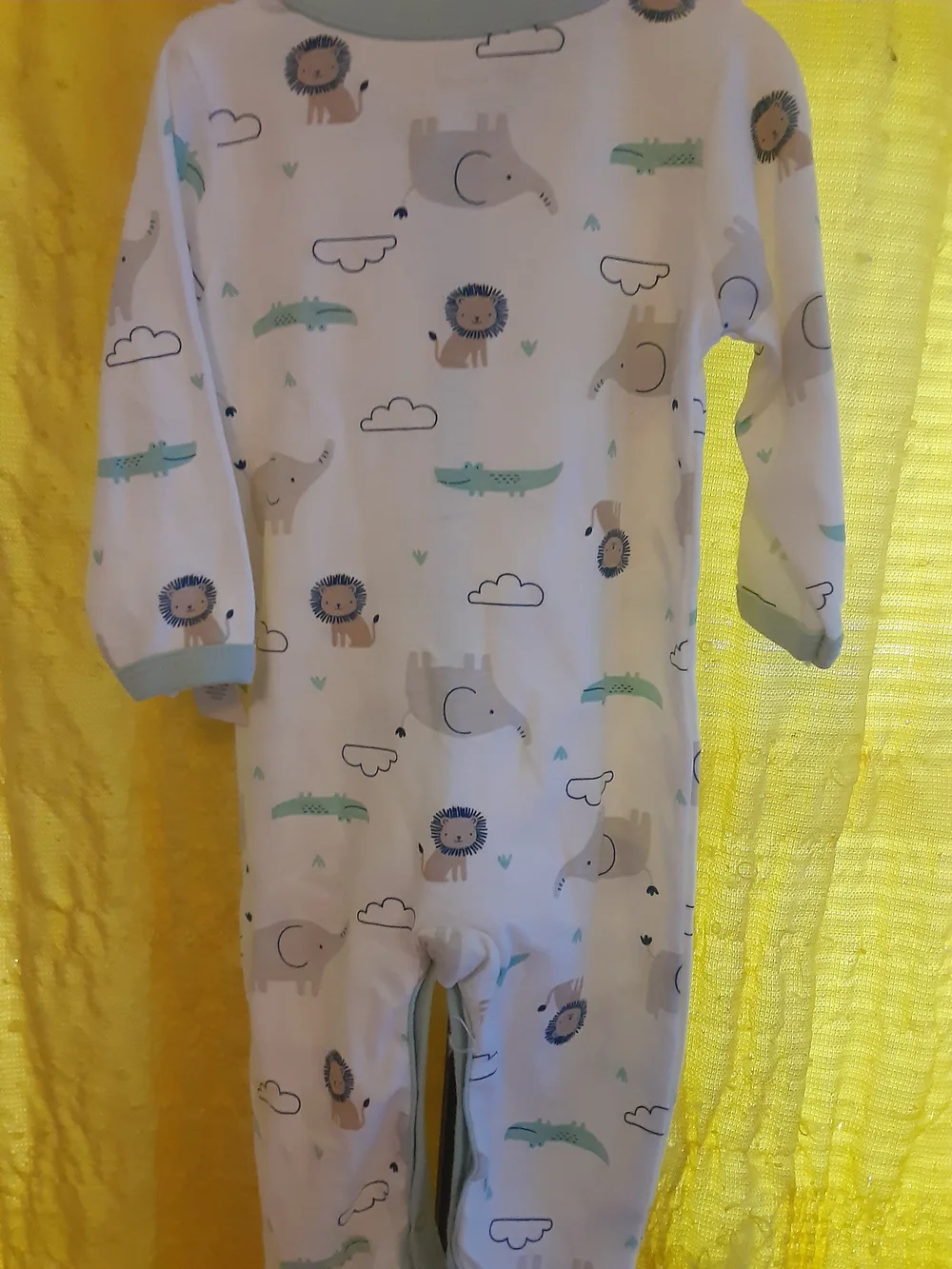 White Footed One-Piece with Safari Animal Print (Blue, Green, Tan)